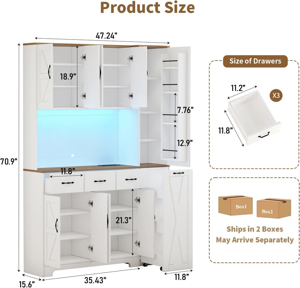 70.9" Tall Farmhouse Pantry Cabinet with Pull-Out Storage Cart & LED...