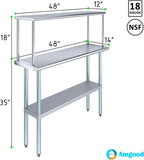 Stainless Steel Work Table with Wide Single Tier Overshelf | Metal Kitchen Prep Table & Shelving Combo (14" x 48" Work Table + 12" Overshelf)
