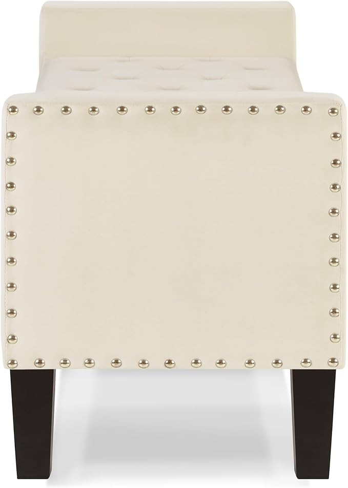 Upholstered Velvet Storage Ottoman Bench with Nail Trims,Soft Padded Seat with Armrest,for Living Room,Bedroom,Entryway,Easy to Assemble,Cream