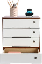 4-Tier Desktop Storage Box with Lockable Drawer, Wooden Desk Organizer for Office Supplies, Flat File Cabinet, Minimalist Design for Home & Office Use(Walnut+White)