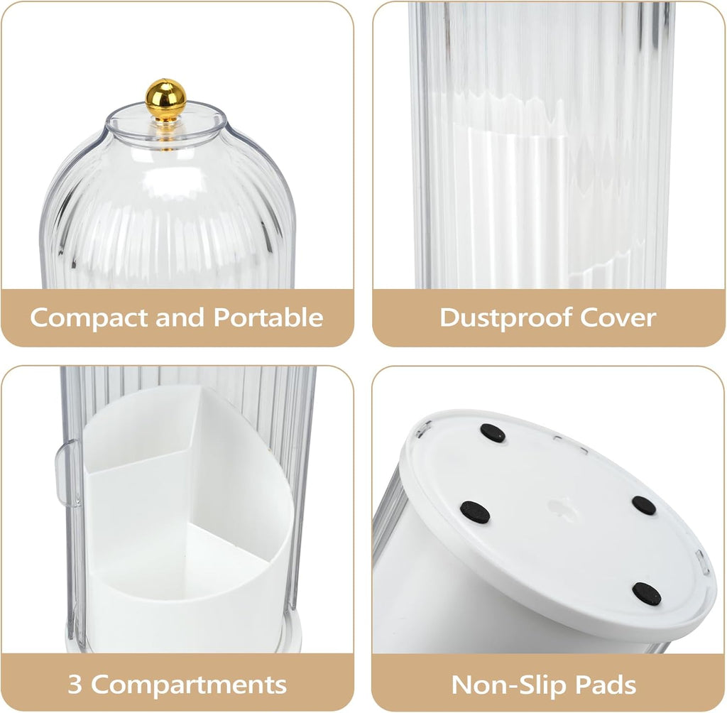 Toothbrush Holder with Cover, 360 Rotating Dust-proof Toothbrush Holder 3 Slots Rotating Makeup Brush Holder for Vanity Bathroom Countertop Organizer (Transparent)