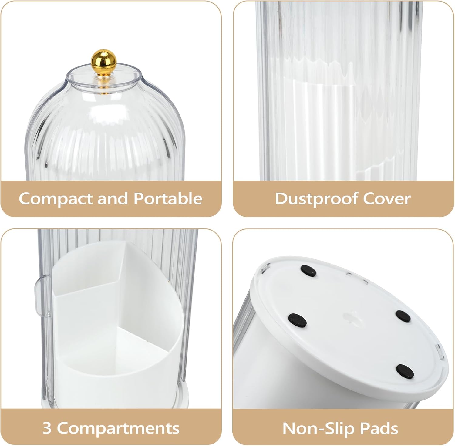 Toothbrush Holder with Cover, 360 Rotating Dust-proof Toothbrush Holder 3 Slots Rotating Makeup Brush Holder for Vanity Bathroom Countertop Organizer (Transparent)