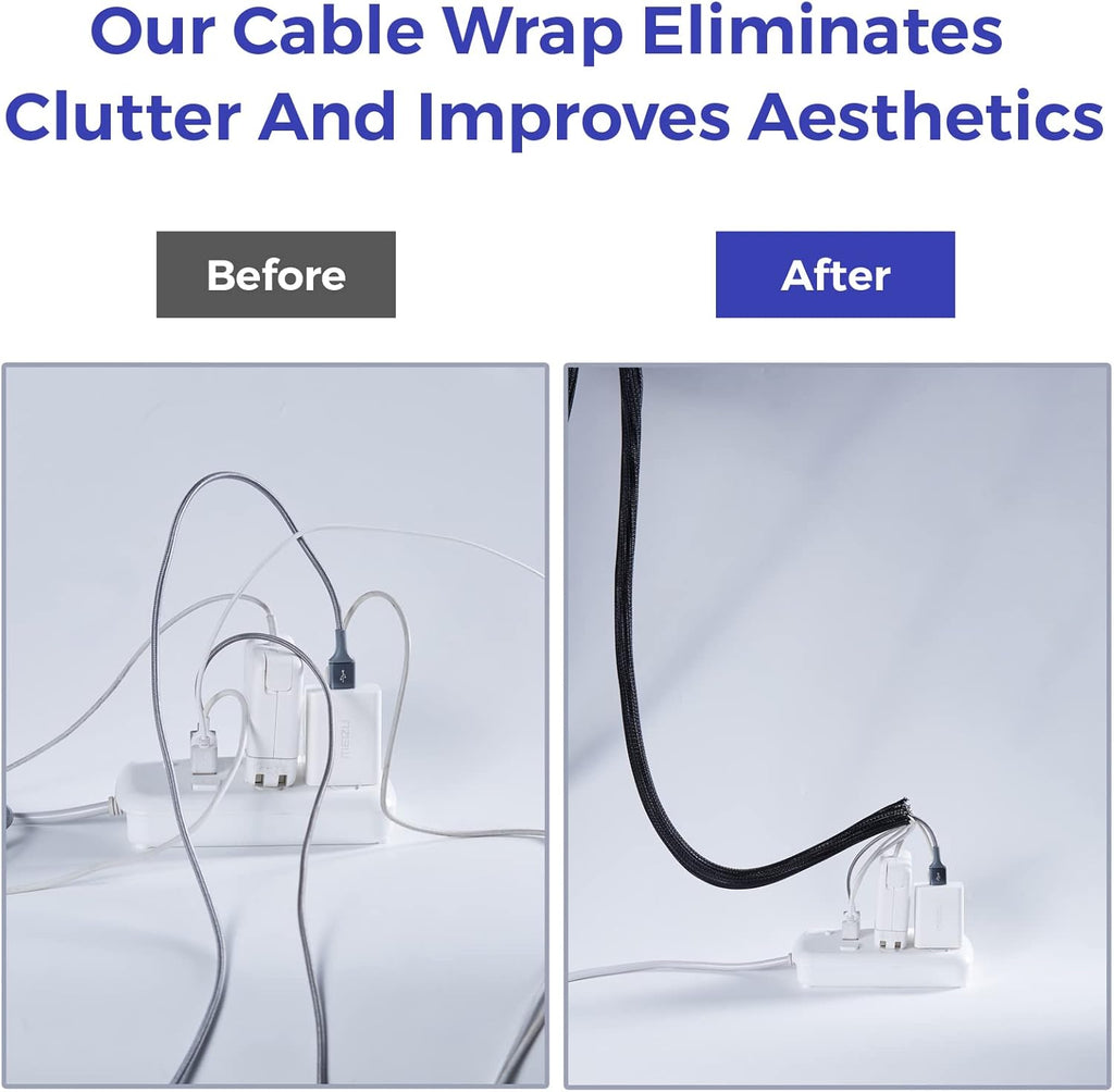 Cable Management Sleeves 1.5in - 2 Pack 4.1ft Split Braided Cable Sleeve Black, Wire Organizers for Cords, Hard PE Cord Protectors from Pets, Flexible Cord Wrap Wire Sleeve for Computer Cord Organizer