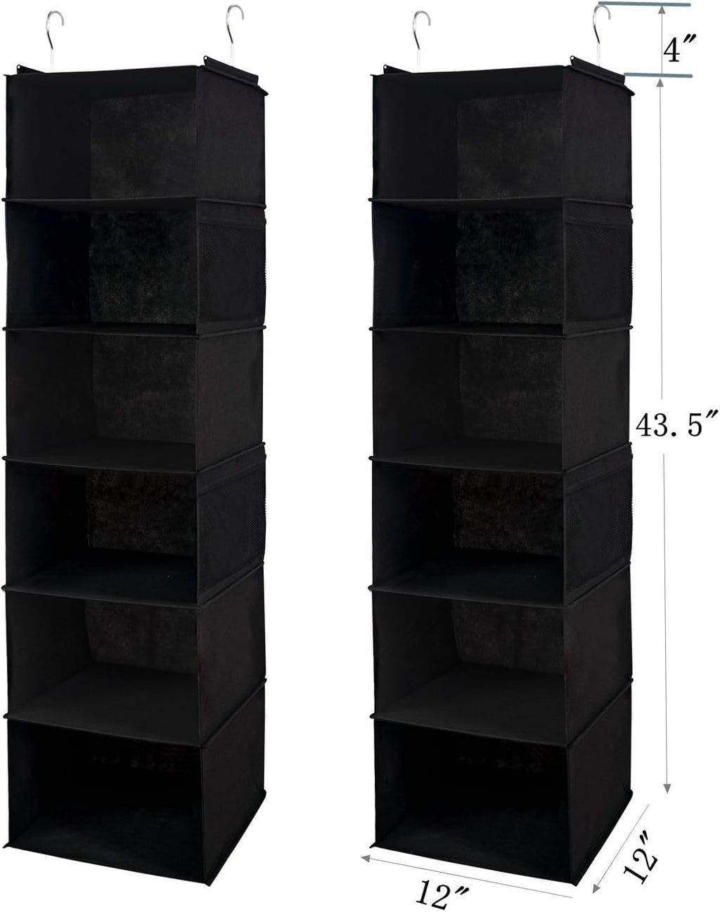 6 Shelves Hanging Closet Organizer, 2 Pack Hanging Storage with 4 Side Pockets for Clothes Shoes, 43.5"x12"x12"(Black)