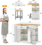 ONBRILL Stationary Kitchen Islands Include 2 Chairs, 47" Kitchen Island with Drop Leaf, Home Bar Table with Spice Rack & with Trash Cabinet, Island Table for Dining Room with Power Outlet, White