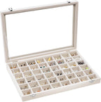 Stratalife Jewelry Organizer, Velvet Earring Storage Box, 13.78"x9.4" | 48 Grid Stackable Jewelry Tray with Clear Lid, Velvet Jewelry Box for Drawer, Necklace Trinket Display Organizer, Beige