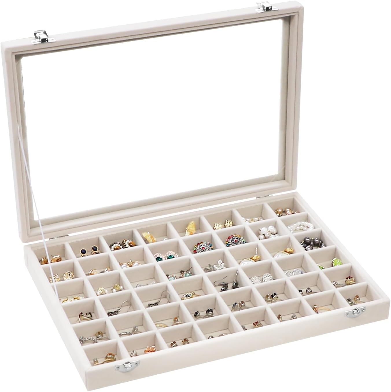 Stratalife Jewelry Organizer, Velvet Earring Storage Box, 13.78"x9.4" | 48 Grid Stackable Jewelry Tray with Clear Lid, Velvet Jewelry Box for Drawer, Necklace Trinket Display Organizer, Beige