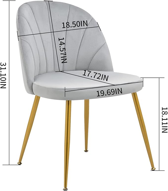 Velvet Dining Chairs Set of 4, Upholstered Mid Century Modern Dining Chairs, Armless Accent Chair with Metal Gold Legs for Living Room, Kitchen, Dining Room, Grey