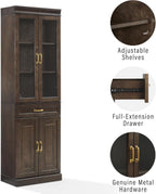 HomeStock Renaissance Refinement Stanton Glass Door Kitchen Storage Pantry Cabinet - 14.5" D x 23.75" W x 78" H, Durable, Adjustable Shelf, Floor Mountable, Rectangular