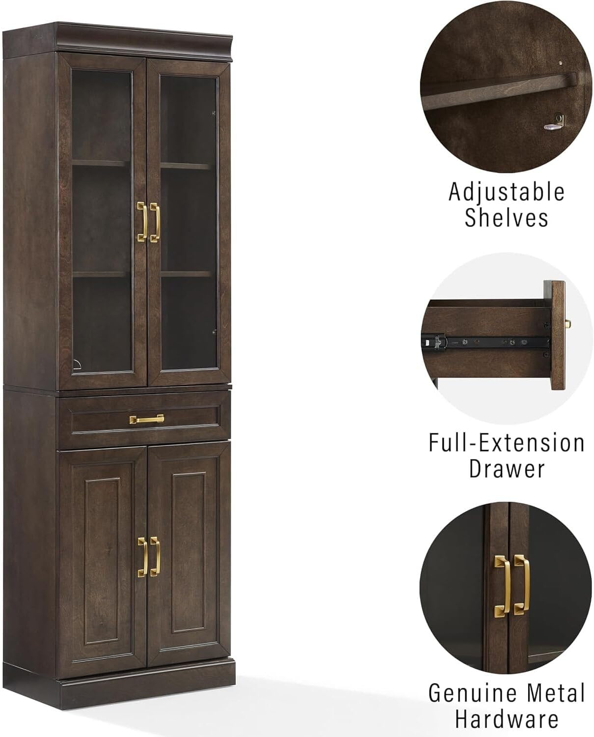 HomeStock Renaissance Refinement Stanton Glass Door Kitchen Storage Pantry Cabinet - 14.5" D x 23.75" W x 78" H, Durable, Adjustable Shelf, Floor Mountable, Rectangular