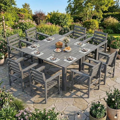Dining Table Set, 10-Piece HDPE Outdoor Dining Set for 8, Gray