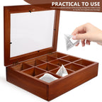 Baluue 12 Compartment Tea Bag Organizer Box with Clear Acrylic Lid Decorative Wood Grain Packet Holder Case Storage Chest Container for Kitchen Countertop Cabinet