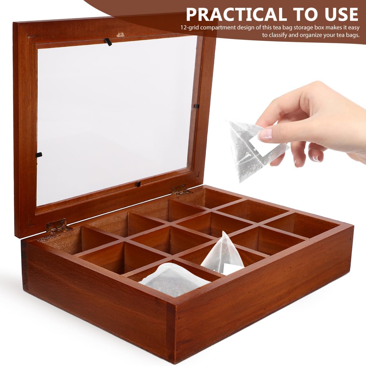 Baluue 12 Compartment Tea Bag Organizer Box with Clear Acrylic Lid Decorative Wood Grain Packet Holder Case Storage Chest Container for Kitchen Countertop Cabinet
