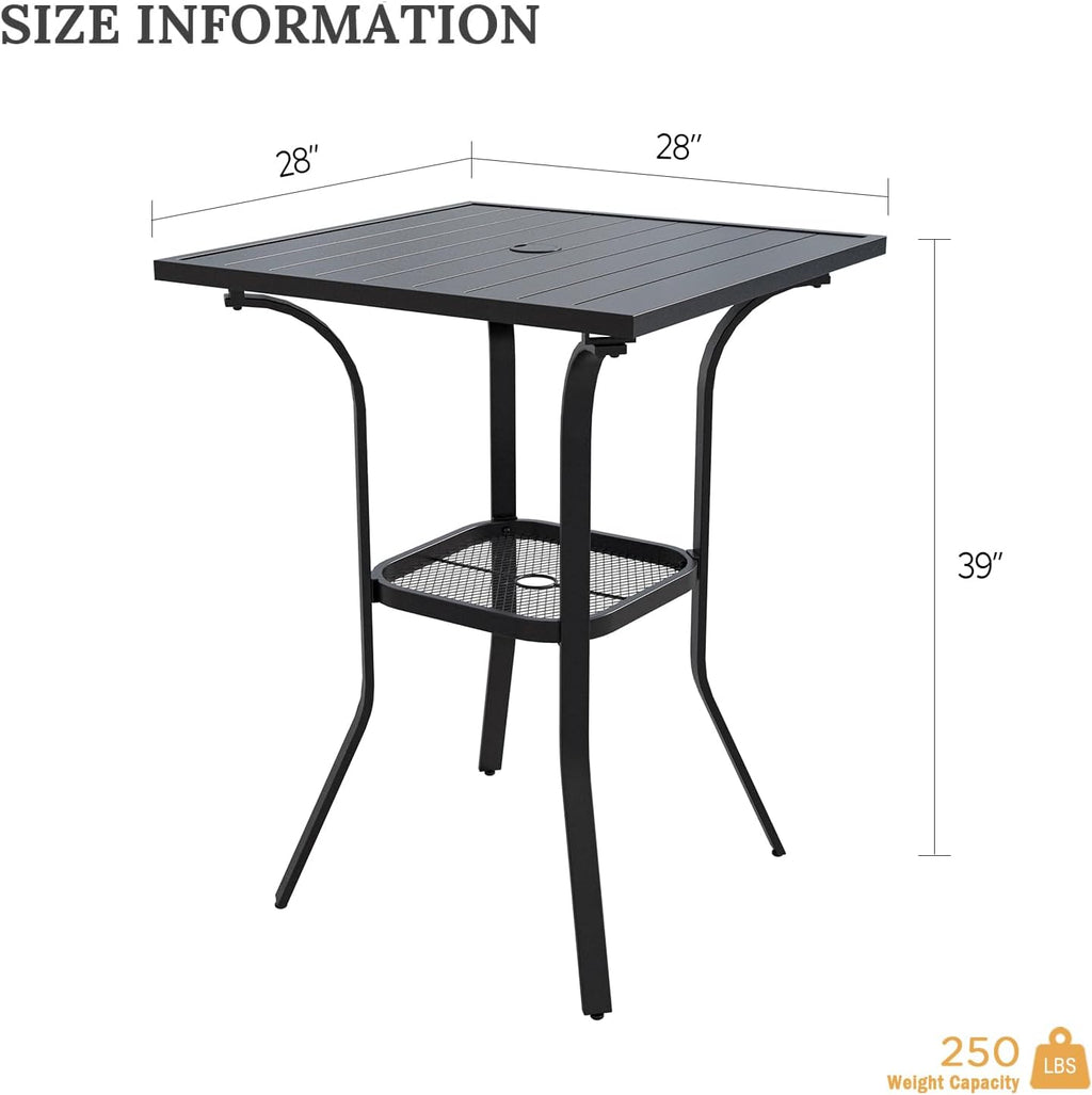 VICLLAX Outdoor Bar Table with Umbrella Hole, Tall Top Patio Furniture for Lawn Garden, Black Tabletop with Storage Shelf