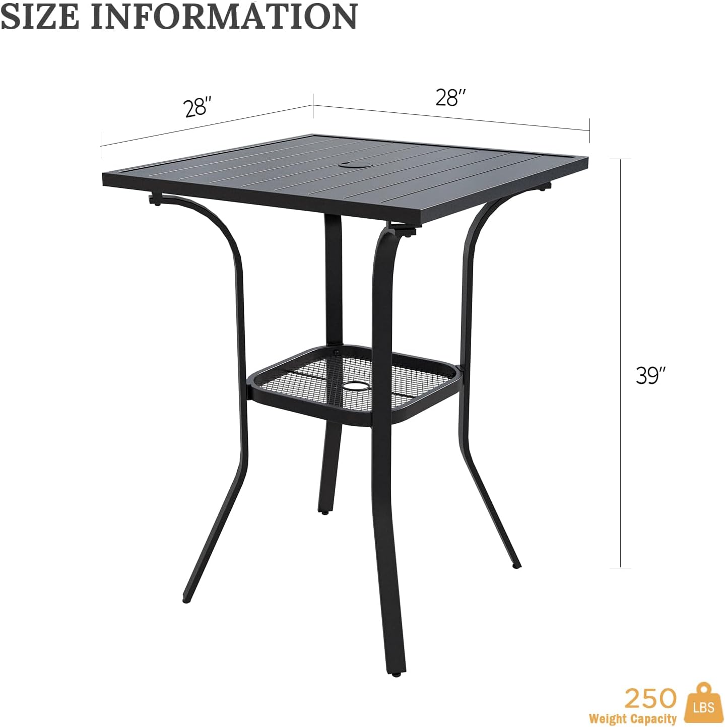 VICLLAX Outdoor Bar Table with Umbrella Hole, Tall Top Patio Furniture for Lawn Garden, Black Tabletop with Storage Shelf
