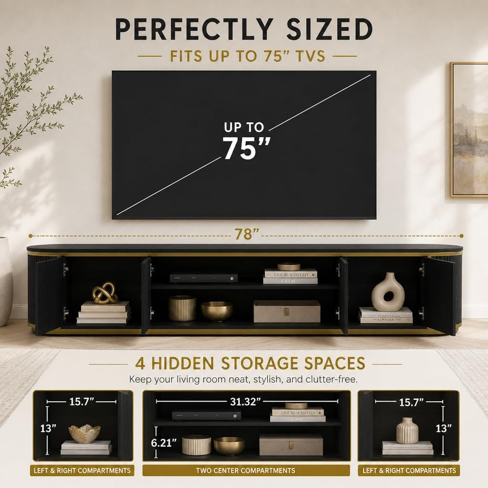 AUZ Fully Assembled TV Stand with Coffee Table Set of 4, Black Solid Wood | C...