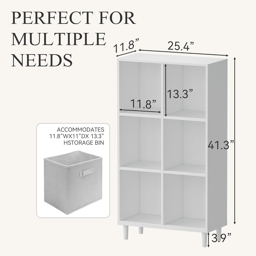 Wood Cube Storage Organizer White Bookshelf - 3-Tier Freestanding Storage Cabinet with Legs for Home Office, 6-Cubes Open Shelf