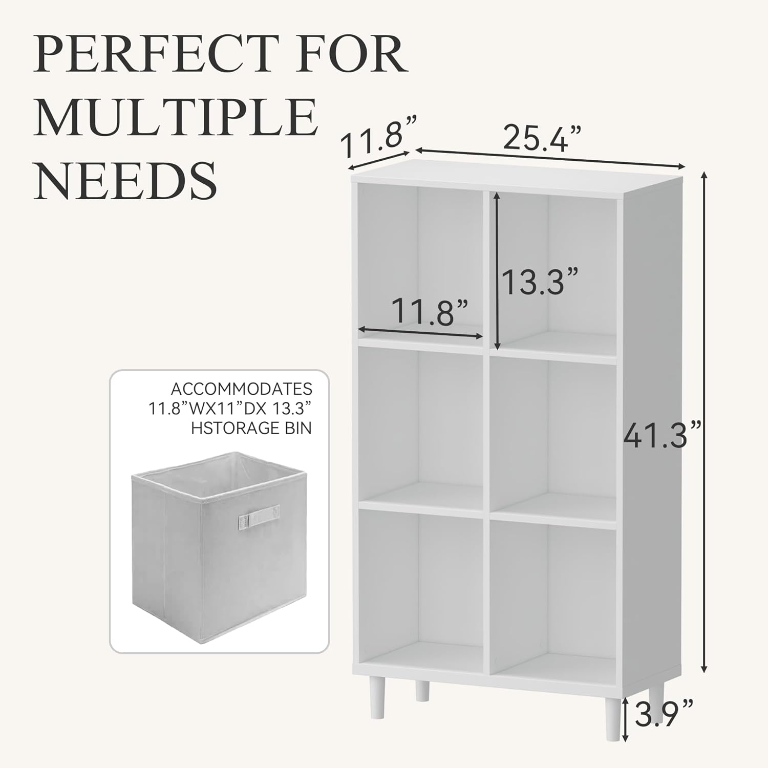 Wood Cube Storage Organizer White Bookshelf - 3-Tier Freestanding Storage Cabinet with Legs for Home Office, 6-Cubes Open Shelf