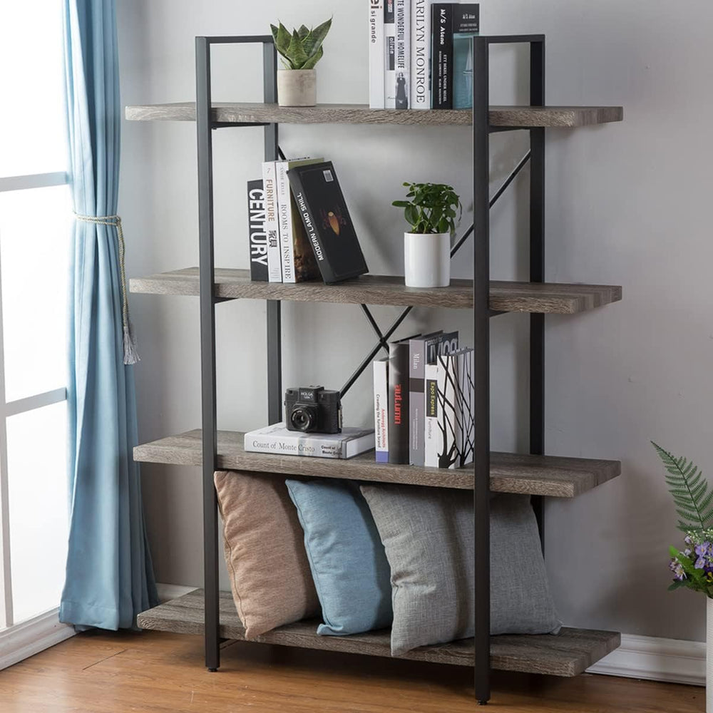 HSH 4-Shelf Bookshelf, Industrial Bookcase for Home Office, Light Grey Oak