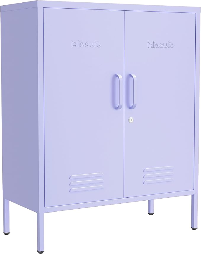 Wide Multipurpose Metal Storage Cabinet with Lockable Design & 2 Adjustable Partitions, Thickened Steel & Sturdy Construction for Home, Living Room & Office Purple 33" H X 29.5" W X 13.8" D