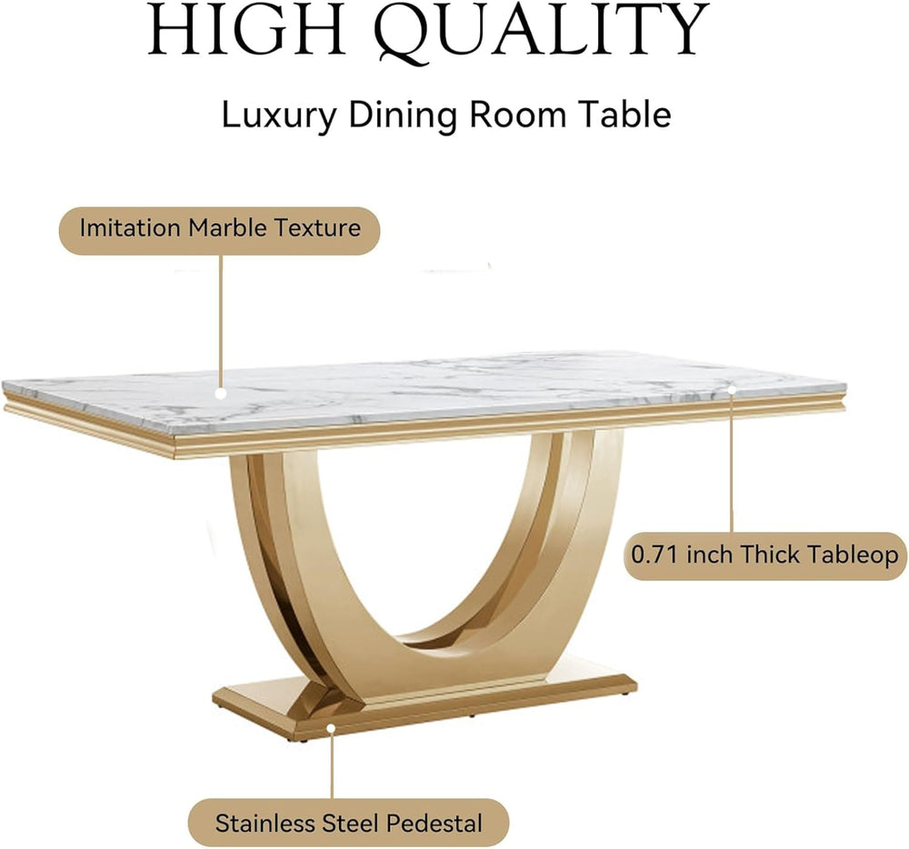 Modern Marble Dining Table Set for 6, White Dining Set with 68" Faux Mar...