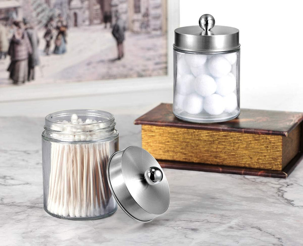 Amolliar Apothecary Jars Bathroom Vanity Organizer -Countertop Canister Jar with Storage Lid - Qtip Dispenser Holder Glass for Qtips,Cotton Swabs,Makeup Sponges,Hair Band - Brushed Nickel (2 Pack)