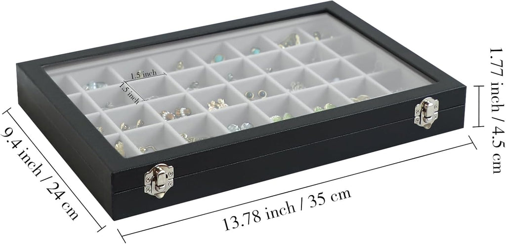 Stratalife Jewelry Organizer 40 Grid Gray Black Jewelry Tray with Clear Dust-proof Lid Velvet Earring Organizer Necklace Rings Holder Display Drawer Storage Case for Women