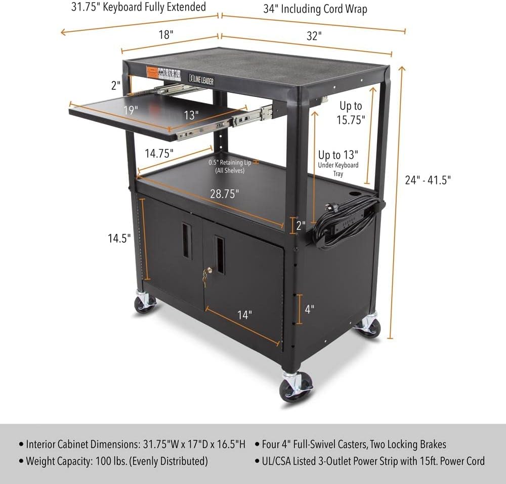 Line Leader Large AV Cart with Locking Cabinet | Height Adjustable Utility Cart with Pullout Keyboard Tray & Cord Management | UL Safety-Certified Computer Cart | Easy Assembly (32 x 18 x 42in)