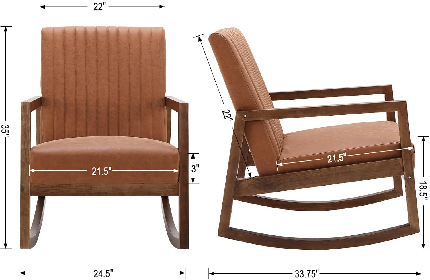 Leather Modern Rocking Chair Mid Century Armchair Upholstered Arm Chair with Padded Seat/Wood Frame, Comfy Rocker for Living Room/Bedroom, Retro Brown PU