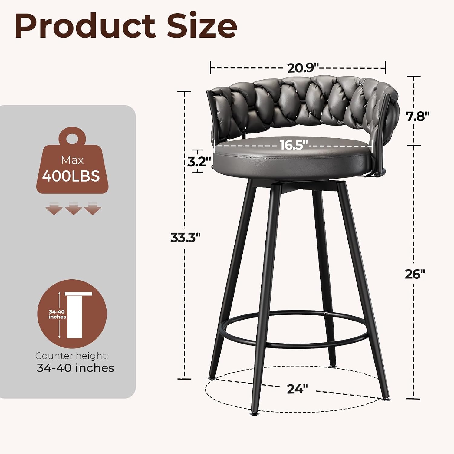 26" Counter Height Bar Stools Set of 2, Premium Faux Leather Barstools | Upholstered 360°Swivel Bar Chairs with Woven Backs Support & Heavy Duty Metal Legs for Kitchen Counter, Dark Grey