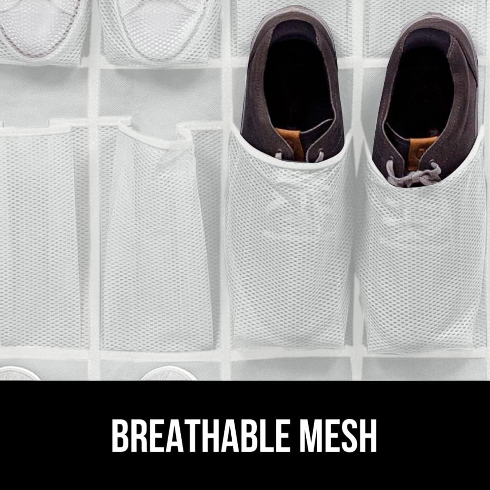 GORILLA GRIP Over the Door Shoe Organizer, 12 Large Breathable Mesh Pockets, Space Saving Hanging Storage Holder, 2 Hook Closet Rack Hanger, Hangs on Closets for Shoes, Accessories, 64H x 9.5W White