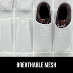 GORILLA GRIP Over the Door Shoe Organizer, 12 Large Breathable Mesh Pockets, Space Saving Hanging Storage Holder, 2 Hook Closet Rack Hanger, Hangs on Closets for Shoes, Accessories, 64H x 9.5W White