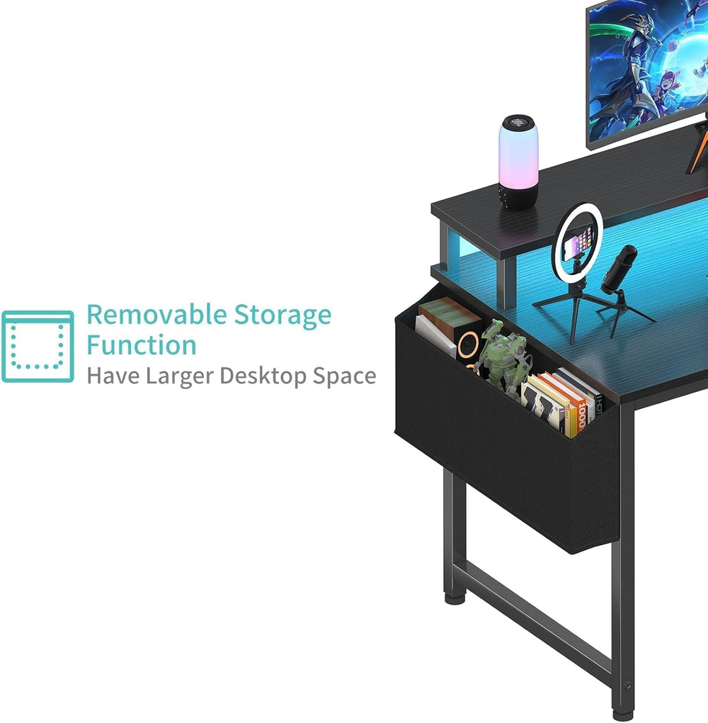 Lufeiya Black Gaming Desk with LED Lights and Power Outlets, 40 Inch Teen Wri...