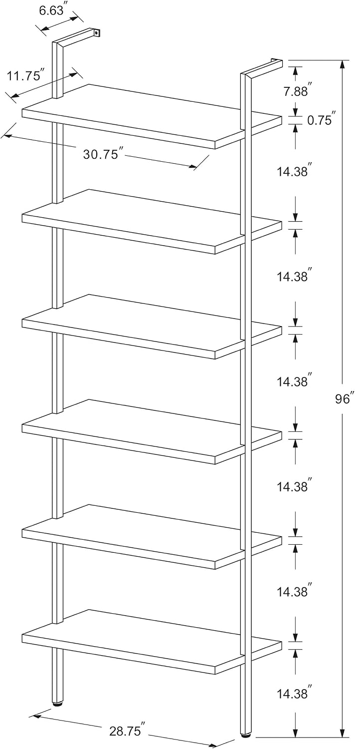 Coaster Home Furnishings - Owens - Wood and Metal - 6-Shelf Wall Mounted Bookshelf with Ladder Design and Transitional Style - Home Office & Living Room - 96-Inch - Walnut & Black - 980072