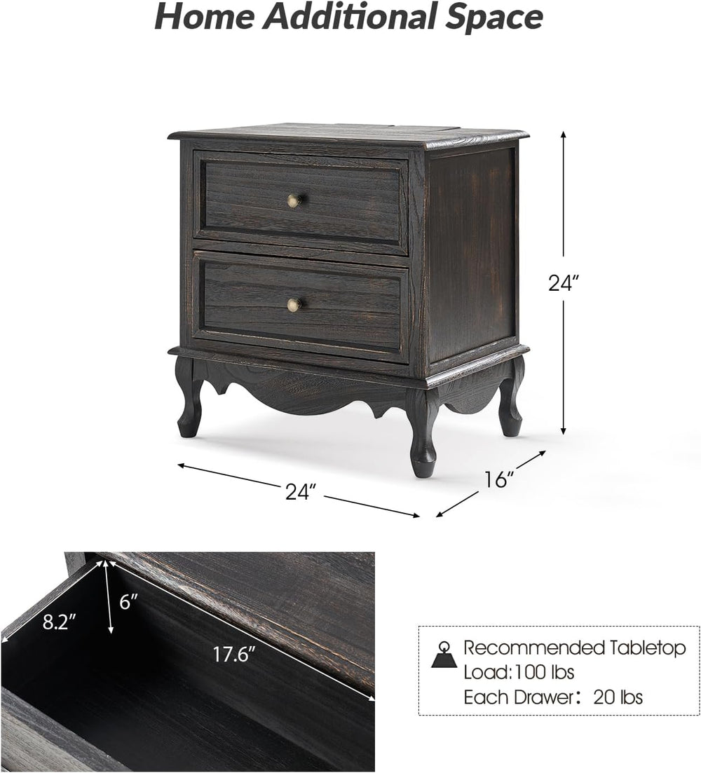 HULALA HOME Solid Wood End Tables Set of 2 with Charging Station Space, Vinta...