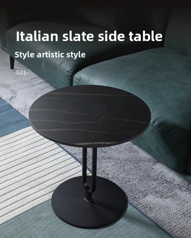 Elegant Round Side Table with Slate Top and Carbon Steel Base - Perfect for L...