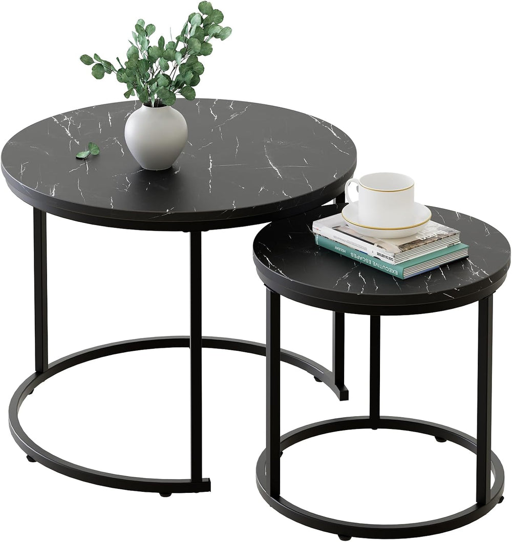 aboxoo Round Nesting Coffee Table Side Set of 2 End Tables for Living Room Be...