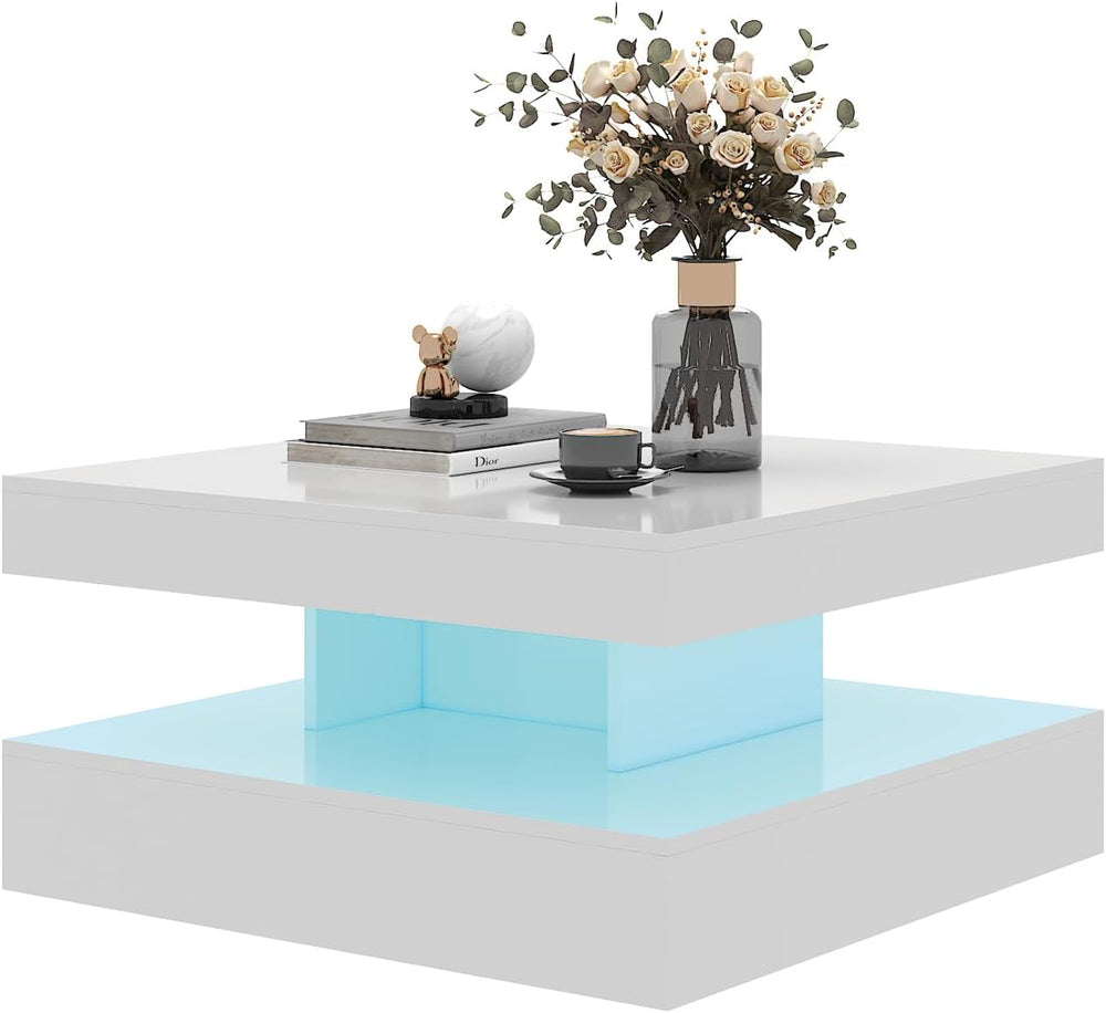 HedoAjim White LED Coffee Table for Living Room, 2-Tier Square Center Table L...