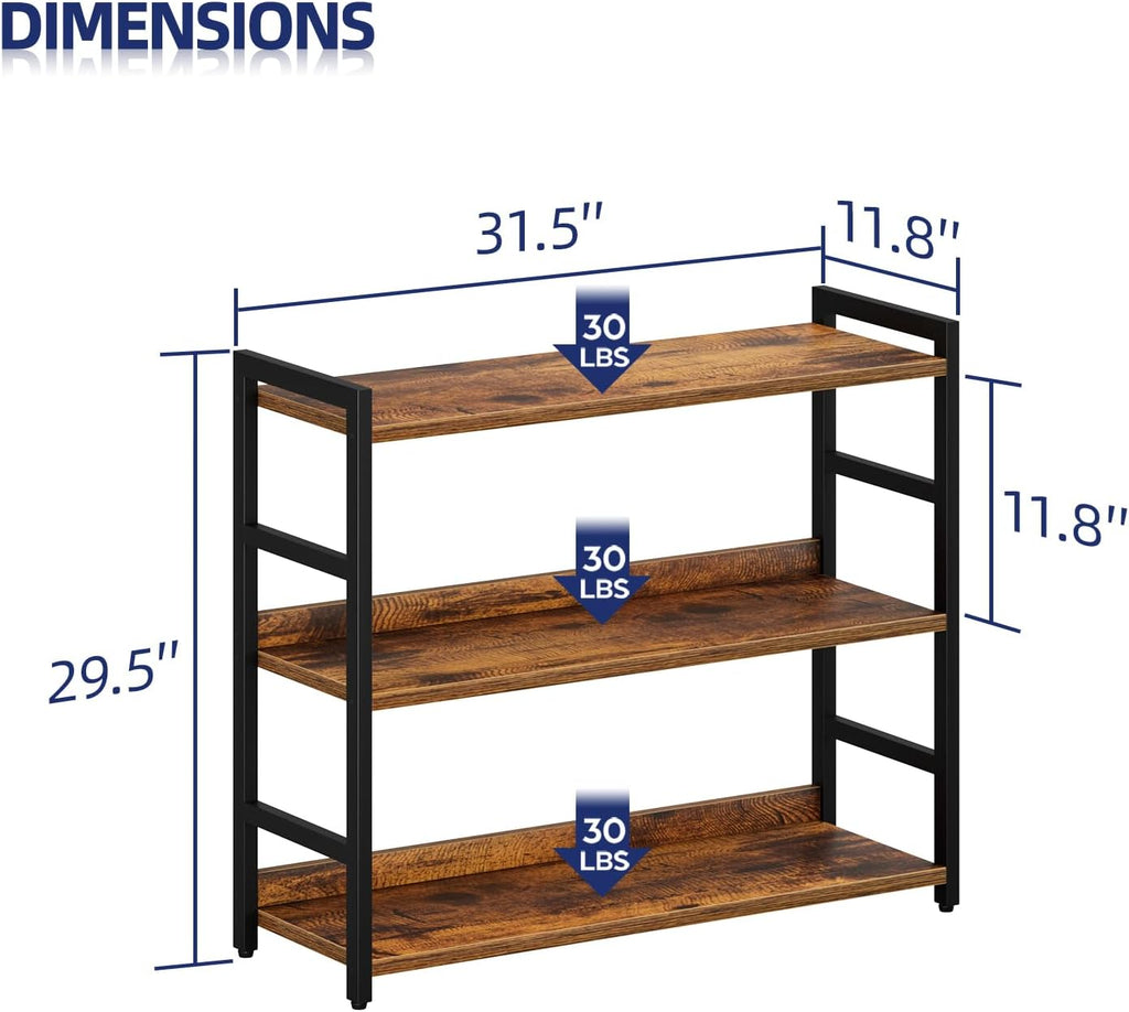 NUMENN Wide Bookshelf, 3 Tier Freestanding Shelving Unit, Vintage | Metal Frame & Wood Shelves, Falling Prevention Baffle, Open Storage Bookcase for Bedroom, Living Room & Home Office