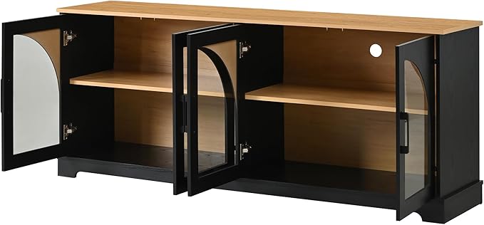 Farmhouse TV Stand with Adjustable Shelves for TVs up to 70'', Entertainment Center with Semi-Arched Glass Doors, Wood Grain Sideboard with Cable Management for Living Room, Black