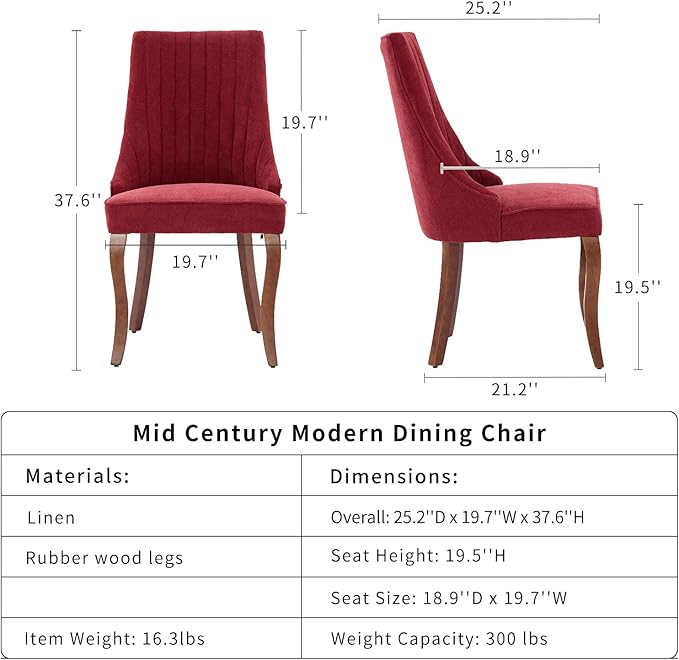 Burgundy Mid Century Dining Chairs Set of 2, Modern Kitchen & Dining Room Chairs Set of 2, Linen Upholstered Kitchen Chairs, Sillas de Comedor, Wood Legs (Wine Red, 2 Pcs)