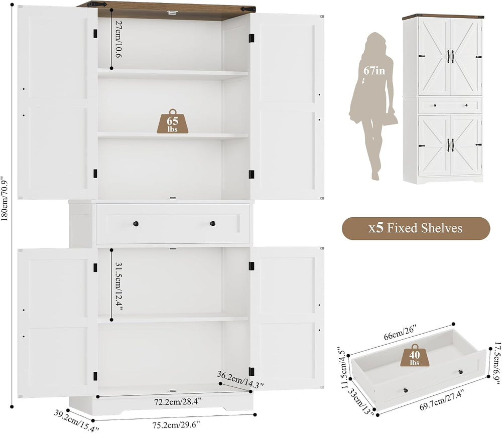 HOSTACK 71" Kitchen Pantry Storage Cabinet, Farmhouse Pantry Cabinet, Wh...