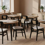 Rattan Dining Chairs Set of 6 Black Wooden Dining Room Chairs White Faux Leather Kitchen Chairs with Back Farmhouse Side Chairs, Natural Wood