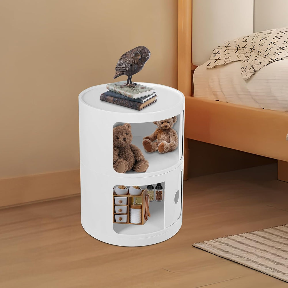 2-Tier Circular Nightstand, Round Nightstand, Circular Side Table with Drawer...
