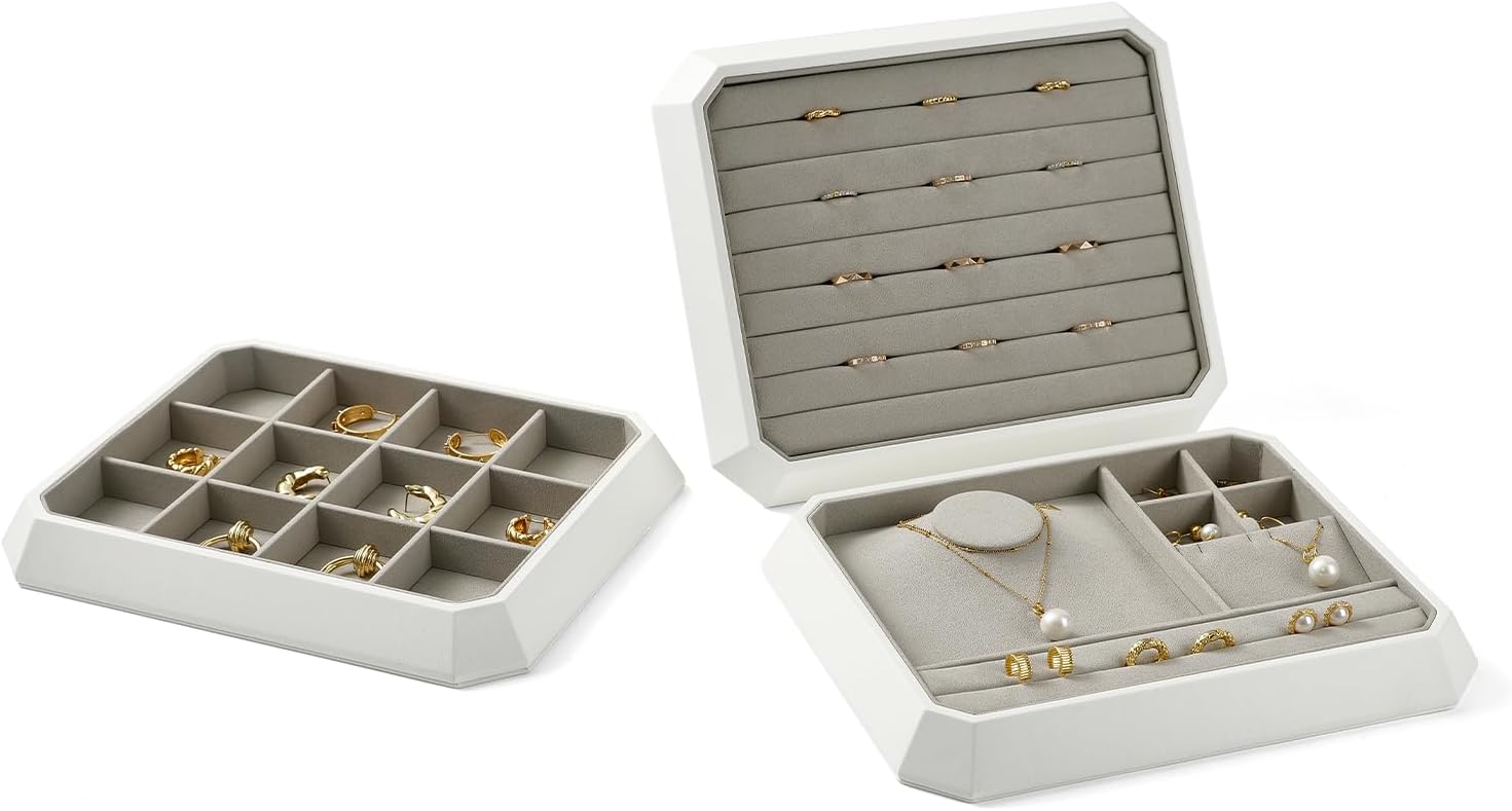 Premium PU Leather Stackable Jewelry Tray 15 Grid Jewelry Organizer Tray with Removable Inserts Cards Necklace Display Organizer Holder(Grey)