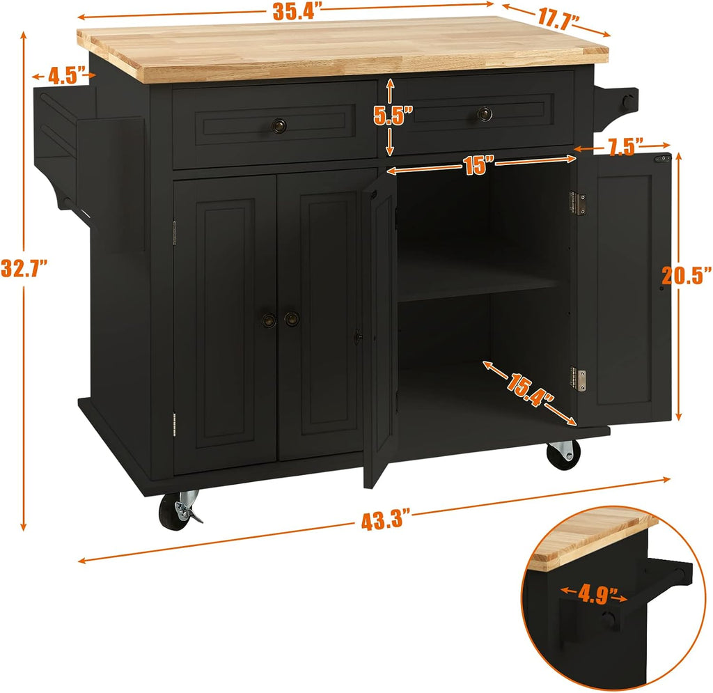 NSdirect Kitchen Island Cart,Kitchen Bar&Serving Cart Rolling on Wheels with Spice Rack Towel Holder Utility Storage Trolley with Storage Drawers for Home Hotel Kitchen Dinning Room(Black)