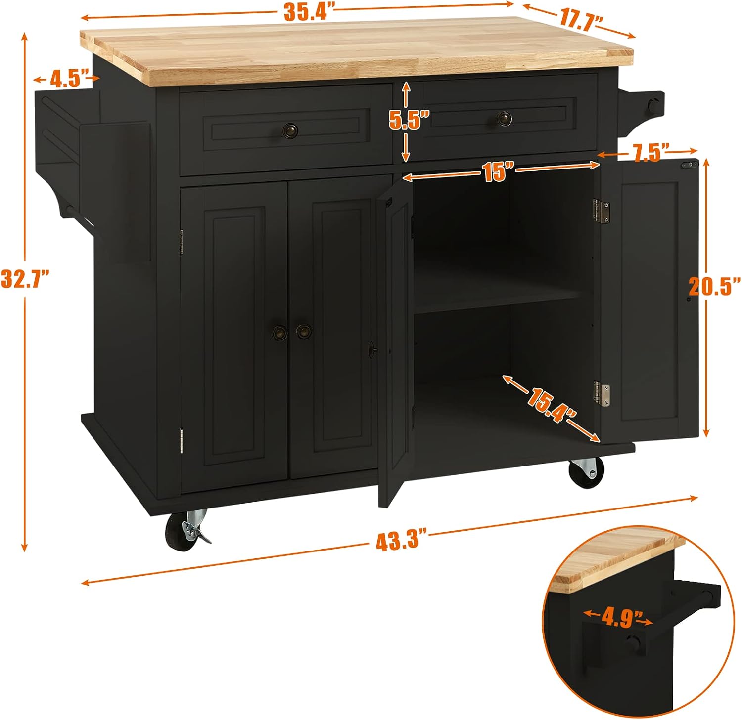 NSdirect Kitchen Island Cart,Kitchen Bar&Serving Cart Rolling on Wheels with Spice Rack Towel Holder Utility Storage Trolley with Storage Drawers for Home Hotel Kitchen Dinning Room(Black)