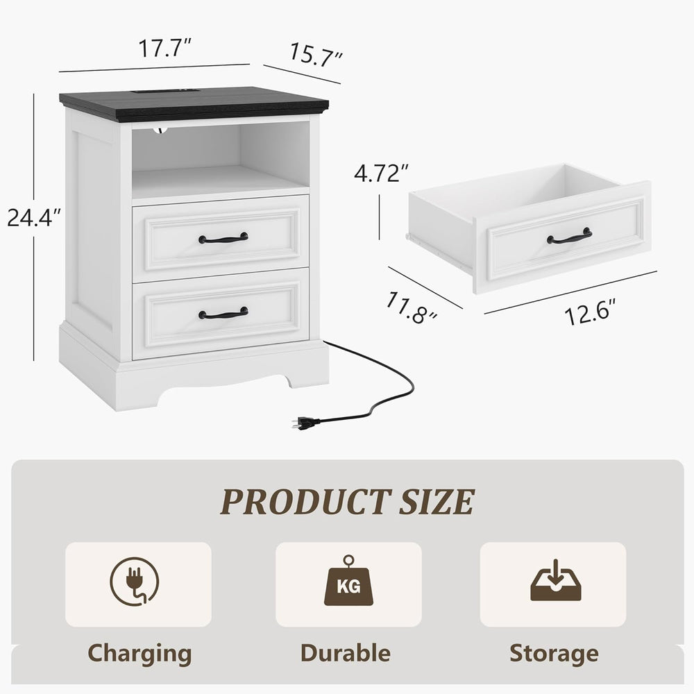 18" Farmhouse Nightstand Set of 2 with Charging Station, White End Table...