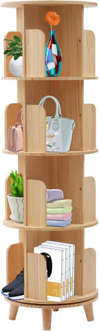 Wooden Rotating Bookshelf 360 Display Floor Standing Bookcase Storage Rack for Kids&Adults Multi-Functional Bookshelf Organizer (4-Tier)