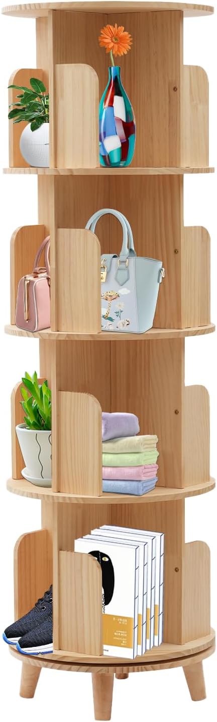 Wooden Rotating Bookshelf 360 Display Floor Standing Bookcase Storage Rack for Kids&Adults Multi-Functional Bookshelf Organizer (4-Tier)